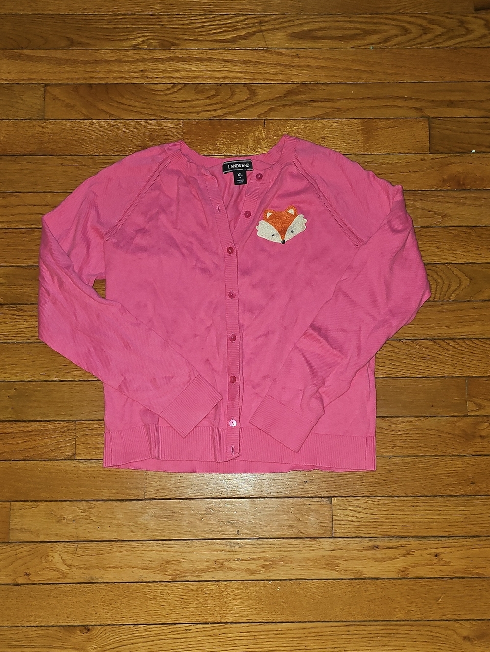 Lands' End Pink Fox Appliqué Cardigan Girls' XL NWOT